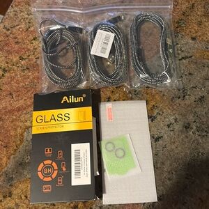 iPhone 13 glass screen protector and 3 charger cords